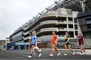 28 May 2024; Pictured at the launch of the 2024 TG4 All-Ireland Ladies Football Championships in Dublin, are senior players, from left, Carla Rowe of Dublin, Clodagh McCambridge of Armagh, Aishling O'Connell of Kerry and Ailbhe Davoren of Galway. All roads lead to Croke Park for the 2024 TG4 All-Ireland Junior, Intermediate and Senior Finals on Sunday August 4, as the Ladies Gaelic Football Association also gets set to celebrate its 50th anniversary on July 18, 2024. #ProperFan. Photo by Ramsey Cardy/Sportsfile