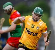 26 May 2024; Conal Cunning of Antrim celebrates after scoring during the Leinster GAA Hurling Senior Championship Round 5 match between Antrim and Carlow at Corrigan Park in Belfast. Photo by Shauna Clinton/Sportsfile
