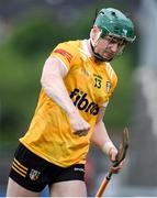 26 May 2024; Conal Cunning of Antrim celebrates after scoring during the Leinster GAA Hurling Senior Championship Round 5 match between Antrim and Carlow at Corrigan Park in Belfast. Photo by Shauna Clinton/Sportsfile