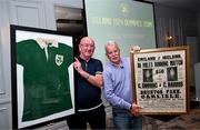 27 May 2024; The FAI recognises the 1924 Olympic Games matches as the first men's international fixtures. Pictured is Phillip Harris, right, and Ken Donoghue, grandsons of former kitman Charlie Harris at Castleknock Hotel in Dublin. Photo by David Fitzgerald/Sportsfile