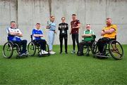 29 May 2024; Attendees from, left, Connacht captain Pat Carty, Munster captain Darren Dineen, GAA Ambassador Kerrie Finnegan, GAA National referee Maggie Farrelly, GAA Ambassador Peter Fortune, Leinster captain Sean Bennett, and Ulster captain Ciaran Bradley pose for a portrait during the Launch of Round 1 of the M. Donnelly GAA Wheelchair Hurling/Camogie (WCHC) League/WCHC at the GAA National Games Development Centre in Dublin. Photo by Tyler Miller/Sportsfile