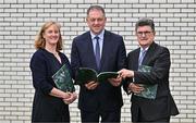 28 May 2024; In attendance during the Sport Ireland announcement of the Irish Sports Monitor Annual Report is Minister of State for Sport, Physical Education, and the Gaeltacht, Thomas Byrne TD, centre, with Sport Ireland chief executive Dr Una May, left, and Sport Ireland chairperson John Foley, at the Conference Centre, Sport Ireland Campus in Dublin. Sport Ireland has published the Irish Sport Monitor 2023 report, which shows nearly two million adults in Ireland participate in sport every week - more than ever before. Photo by Sam Barnes/Sportsfile