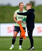 28 May 2024; Head coach Eileen Gleeson and Lily Agg during a Republic of Ireland Women's training session at the FAI National Training Centre in Abbotstown, Dublin. Photo by Stephen McCarthy/Sportsfile