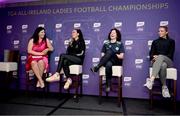 28 May 2024; Pictured at the launch of the 2024 TG4 All-Ireland Ladies Football Championships in Dublin, is Máire Ní Bhraonáin with, from left, Grace Clifford of Kildare, Martha Jordan of London and Aoibhinn McHugh of Tyrone . All roads lead to Croke Park for the 2024 TG4 All-Ireland Junior, Intermediate and Senior Finals on Sunday August 4, as the Ladies Gaelic Football Association also gets set to celebrate its 50th anniversary on July 18, 2024. #ProperFan. Photo by David Fitzgerald/Sportsfile