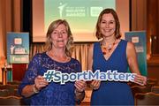 28 May 2024; Federation of Irish Sport chairperson Clare McGrath, left, and MC Gráinne McElwain during the 2024 Irish Sport Industry Sport Awards at College Green Hotel in Dublin. Photo by Sam Barnes/Sportsfile