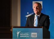 28 May 2024; Minister for Finance Michael McGrath TD speaking during the 2024 Irish Sport Industry Sport Awards at College Green Hotel in Dublin. Photo by Sam Barnes/Sportsfile