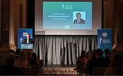 28 May 2024; Minister for Finance Michael McGrath TD speaking during the 2024 Irish Sport Industry Sport Awards at College Green Hotel in Dublin. Photo by Sam Barnes/Sportsfile