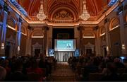 28 May 2024; Minister for Finance Michael McGrath TD speaking during the 2024 Irish Sport Industry Sport Awards at College Green Hotel in Dublin. Photo by Sam Barnes/Sportsfile