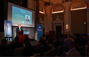 28 May 2024; Minister for Finance Michael McGrath TD speaking during the 2024 Irish Sport Industry Sport Awards at College Green Hotel in Dublin. Photo by Sam Barnes/Sportsfile