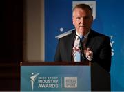 28 May 2024; Minister for Finance Michael McGrath TD speaking during the 2024 Irish Sport Industry Sport Awards at College Green Hotel in Dublin. Photo by Sam Barnes/Sportsfile