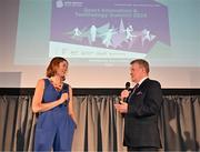 28 May 2024; MC Gráinne McElwain and Sport for Business Founder and chair of the judging Panel Rob Hartnett speak on the stage during the 2024 Irish Sport Industry Sport Awards at College Green Hotel in Dublin. Photo by Sam Barnes/Sportsfile