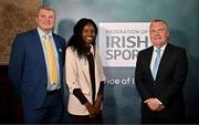 28 May 2024; Sanctuary Runners founder Graham Clifford, left, member of Sanctuary Runners Patience Dube and Minister for Finance Michael McGrath TD during the 2024 Irish Sport Industry Sport Awards at College Green Hotel in Dublin. Photo by Sam Barnes/Sportsfile