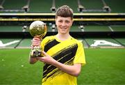 29 May 2024; Oisín Ó hÍr of Gaelscoil Cois Feabhail, Craigtown, Donegal, with the section A, for small sized schools, player of the tournament award during the FAI Primary 5s Finals day at Aviva Stadium in Dublin. Photo by Stephen McCarthy/Sportsfile
