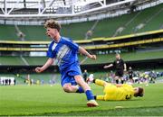 29 May 2024; Mossie Gillic of Kentstown NS, Meath, celebrates after scoring a goal during his team's B Cup game, for mixed medium sized schools, against St Eunan’s NS, Raphoe, Donegal, during the FAI Primary 5s Finals day at Aviva Stadium in Dublin. Photo by Stephen McCarthy/Sportsfile