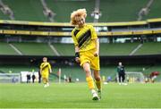 29 May 2024; Lewis Quinn of St Eunan’s NS, Raphoe, Donegal, celebrates after scoring a goal in the B Cup, for mixed medium sized schools, during the FAI Primary 5s Finals day at Aviva Stadium in Dublin. Photo by Stephen McCarthy/Sportsfile