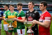 30 May 2024; Players, from left, Joe McDonagh Cup finalist Offaly's Cillian Kiely; Nickey Rackard Cup finalists Donegal's Conor Gartland and Mayo's David Kenny; Christy Ring Cup finalists Kildare's Paddy McKenna and Derry's Cormac O’Doherty during a Joe McDonagh, Christy Ring, Nickey Rackard, Lory Meagher Cup Final media day at Croke Park in Dublin. Photo by Stephen McCarthy/Sportsfile