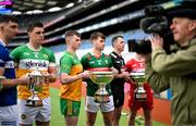 30 May 2024; Players, from left, Joe McDonagh Cup finalists Laois' Aaron Dunphy and Offaly's Cillian Kiely; Nickey Rackard Cup finalists Donegal's Conor Gartland and Mayo's David Kenny; Christy Ring Cup finalists Kildare's Paddy McKenna and Derry's Cormac O’Doherty during a Joe McDonagh, Christy Ring, Nickey Rackard, Lory Meagher Cup Final media day at Croke Park in Dublin. Photo by Stephen McCarthy/Sportsfile