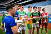 30 May 2024; Players, from left, Lory Meagher Cup finalists Longford's John Casey and Fermanagh's Ryan Bogue; Joe McDonagh Cup finalists Laois' Aaron Dunphy and Offaly's Cillian Kiely; Nickey Rackard Cup finalists Donegal's Conor Gartland and Mayo's David Kenny; Christy Ring Cup finalists Kildare's Paddy McKenna and Derry's Cormac O’Doherty during a Joe McDonagh, Christy Ring, Nickey Rackard, Lory Meagher Cup Final media day at Croke Park in Dublin. Photo by Stephen McCarthy/Sportsfile