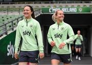 30 May 2024; Megan Campbell, left, and Lily Agg during a Republic of Ireland women's training session at Aviva Stadium in Dublin. Photo by Stephen McCarthy/Sportsfile