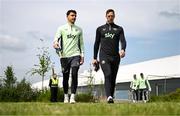 31 May 2024; Goalkeeper Max O'Leary, left, and Goalkeeping coach Rene Gilmartin before a Republic of Ireland training session at the FAI National Training Centre in Abbotstown, Dublin. Photo by Stephen McCarthy/Sportsfile