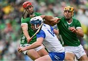 26 May 2024; Stephen Bennett of Waterford in action against Barry Nash, left, and Dan Morrissey of Limerick during the Munster GAA Hurling Senior Championship Round 5 match between Limerick and Waterford at TUS Gaelic Grounds in Limerick. Photo by Sam Barnes/Sportsfile