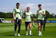 31 May 2024; Republic of Ireland players, from left, Goalkeeper Max O'Leary, Sammie Szmodics and Callum O’Dowda during a Republic of Ireland training session at the FAI National Training Centre in Abbotstown, Dublin. Photo by Stephen McCarthy/Sportsfile