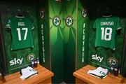 31 May 2024; The jersey's of Lily Agg and Kyra Carusa hang in the Republic of Ireland dressing room before the 2025 UEFA Women's European Championship qualifying match between Republic of Ireland and Sweden at Aviva Stadium in Dublin. Photo by Stephen McCarthy/Sportsfile