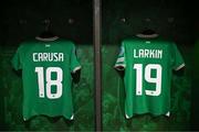 31 May 2024; The jersey's of Lily Agg and Kyra Carusa hang in the Republic of Ireland dressing room before the 2025 UEFA Women's European Championship qualifying match between Republic of Ireland and Sweden at Aviva Stadium in Dublin. Photo by Stephen McCarthy/Sportsfile