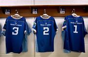 31 May 2024; The jerseys of Leinster players, from left,Thomas Clarkson, Rónan Kelleher and Ed Byrne are seen before the United Rugby Championship match between Leinster and Connacht at the RDS Arena in Dublin. Photo by Harry Murphy/Sportsfile