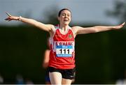 31 May 2024; Robin Óg Murphy of Mercy College Ballymahon, celebrates winning the inter girls 2000m walk during day one of the 123.ie All-Ireland Schools’ Track and Field Championships at Tullamore Harriers Athletics Club in Offaly. Photo by David Fitzgerald/Sportsfile