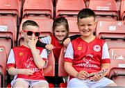 31 May 2024; Siblings Jack, age 7, Sadie age 4, and AJ Delaney age 8 before the SSE Airtricity Men's Premier Division match between St Patrick's Athletic and Galway United at Richmond Park in Dublin. Photo by Stephen Marken/Sportsfile