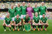 31 May 2024; The Republic of Ireland team, back row from left, Lily Agg, Anna Patten, Caitlin Hayes, goalkeeper Courtney Brosnan, Megan Connolly and Louise Quinn with front row, from left, Kyra Carusa, Jessie Stapleton, captain Katie McCabe, Amber Barrett and Jessica Ziu before the 2025 UEFA Women's European Championship qualifying match between Republic of Ireland and Sweden at Aviva Stadium in Dublin. Photo by Stephen McCarthy/Sportsfile