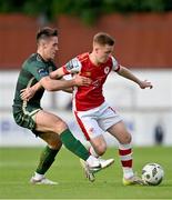 31 May 2024; Brandon Kavanagh of St Patrick's Athletic in action against Maurice Nugent of Galway United during the SSE Airtricity Men's Premier Division match between St Patrick's Athletic and Galway United at Richmond Park in Dublin. Photo by Stephen Marken/Sportsfile