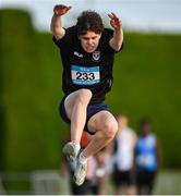 31 May 2024; Dylan O`Connor of Belvedere College competes in the junior boys triple jump  during day one of the 123.ie All-Ireland Schools’ Track and Field Championships at Tullamore Harriers Athletics Club in Offaly. Photo by David Fitzgerald/Sportsfile
