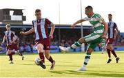 31 May 2024; Graham Burke of Shamrock Rovers in action against Jack Keaney of Drogheda United during the SSE Airtricity Men's Premier Division match between Drogheda United and Shamrock Rovers at Weavers Park in Drogheda, Louth. Photo by Shauna Clinton/Sportsfile