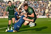 31 May 2024; Cian Prendergast of Connacht knocks on as he is tackled by Tommy O'Brien of Leinster during the United Rugby Championship match between Leinster and Connacht at the RDS Arena in Dublin. Photo by Harry Murphy/Sportsfile