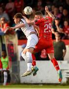 31 May 2024; Owen Elding of Sligo Rovers in action against Patrick Barrett of Shelbourne during the SSE Airtricity Men's Premier Division match between Shelbourne and Sligo Rovers at Tolka Park in Dublin. Photo by Tom Beary/Sportsfile