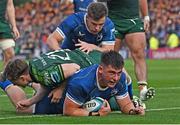 31 May 2024; Dan Sheehan of Leinster celebrates after scoring his side's fourth try during the United Rugby Championship match between Leinster and Connacht at the RDS Arena in Dublin. Photo by Harry Murphy/Sportsfile