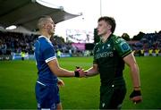 31 May 2024; Brothers Sam Prendergast of Leinster and Cian Prendergast of Connacht embrace after the United Rugby Championship match between Leinster and Connacht at the RDS Arena in Dublin. Photo by Harry Murphy/Sportsfile