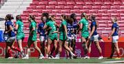 1 June 2024; Players of France and Ireland greet each other after the HSBC Women's SVNS 2024 Grand Finals Pool B match between Ireland and France at Civitas Metropolitano Stadium in Madrid, Spain. Photo by Juan Gasparini/Sportsfile