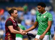 1 June 2024; Peter Nash of Limerick shakes hands with Joshua Obahor of London after the Tailteann Cup Group 4 Round 3 match between Limerick and London at Parnell Park in Dublin. Photo by Daire Brennan/Sportsfile