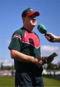 1 June 2024; Mayo manager Kevin McStay is interviewed before the GAA Football All-Ireland Senior Championship Round 2 match between Roscommon and Mayo at Dr Hyde Park in Roscommon. Photo by Ben McShane/Sportsfile