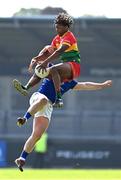 1 June 2024; John Phiri of Carlow in action against Eoin Murtagh of Wicklow during the Tailteann Cup Group 3 Round 4 match between Wicklow and Carlow at Parnell Park in Dublin. Photo by Daire Brennan/Sportsfile