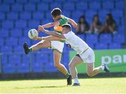 1 June 2024; Jack Foley of Leitrim is blocked down by Jack Sargent of Kildare the Tailteann Cup Group 1 Round 3 match between Kildare and Leitrim at Glennon Brothers Pearse Park in Longford. Photo by Tom Beary/Sportsfile