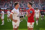 1 June 2024; Billy Burns of Ulster, left, and Joey Carbery of Munster in conversation after the United Rugby Championship match between Munster and Ulster at Thomond Park in Limerick. Photo by Seb Daly/Sportsfile