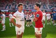 1 June 2024; Billy Burns of Ulster, left, and Joey Carbery of Munster in conversation after the United Rugby Championship match between Munster and Ulster at Thomond Park in Limerick. Photo by Seb Daly/Sportsfile