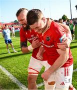 1 June 2024; Munster players RG Snyman, left, and Jack O’Donoghue after their side's victory in the United Rugby Championship match between Munster and Ulster at Thomond Park in Limerick. Photo by Seb Daly/Sportsfile