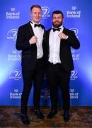 1 June 2024; Ciarán Frawley and Michael Milne on arrival at the 2024 Leinster Rugby Awards Ball at The InterContinental Hotel in Dublin. Photo by Harry Murphy/Sportsfile