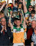 1 June 2024; The Offaly captain Dan Bourke lifts the James Nowlan Cup after the oneills.com GAA Hurling All-Ireland U20 Championship final match between Offaly and Tipperary at UPMC Nowlan Park in Kilkenny. Photo by Ray McManus/Sportsfile