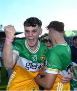 1 June 2024; Cathal Robinson of Offaly celebrates with team-mate Evan Bailey after his side's victory in the oneills.com GAA Hurling All-Ireland U20 Championship final match between Offaly and Tipperary at UPMC Nowlan Park in Kilkenny. Photo by Shauna Clinton/Sportsfile